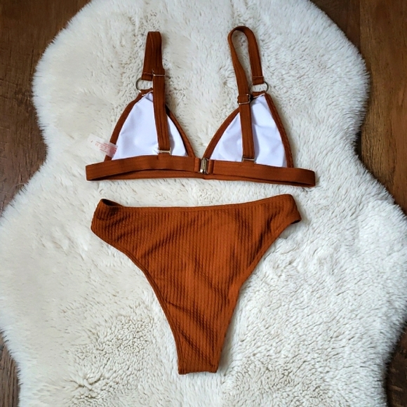New Ribbed Triangle Bralette High Waist Bikini Set - Picture 8 of 9